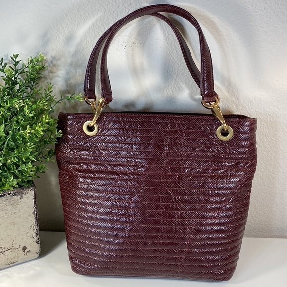 Eric JAVITS Quilted Leather Tote Shoulder Bag Purse Burgandy - Picture 2 of 16